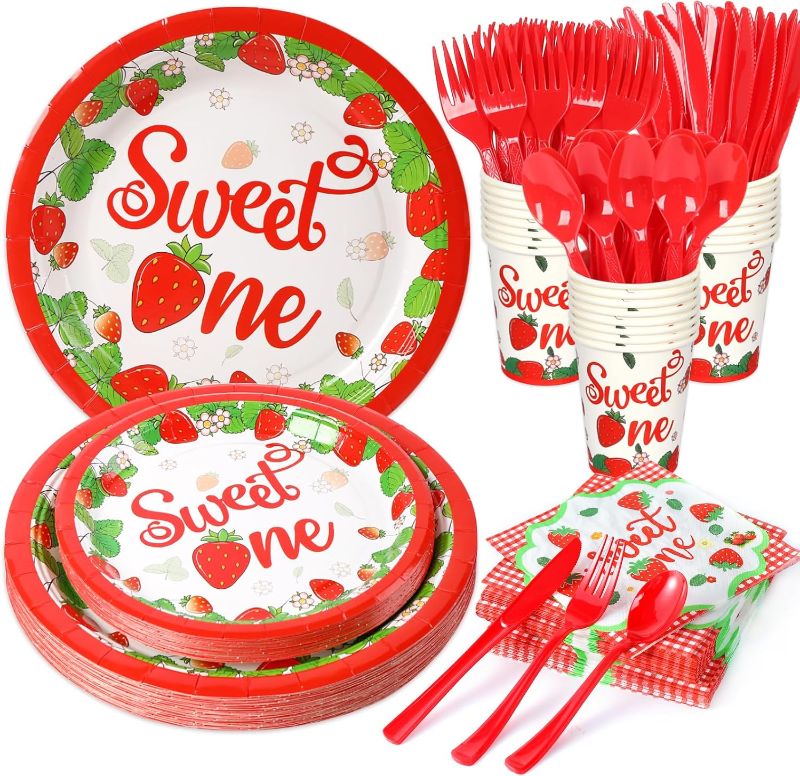 Photo 1 of 175Pcs Strawberry Birthday Party Supplies Tableware Set (Serves 25) Dinner Plates, Dessert Plates, Cups, Napkins, Knives, Forks, Spoons. Strawberry Party Decorations for Kids
