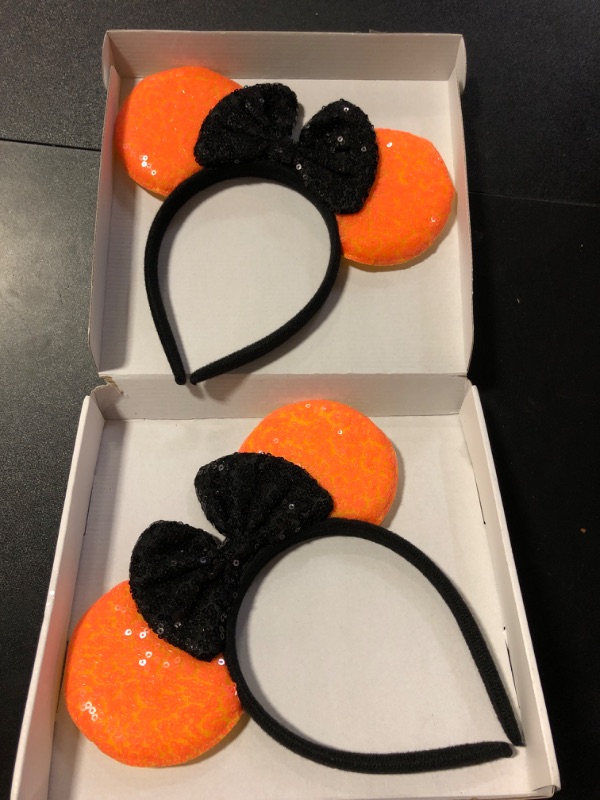 Photo 2 of 2 Pcs Mouse Ears Headbands, Shiny Bows Mouse Ears Headbands for Birthday Parties, Themed Events, A Perfect Addition to Your Trip Essentials and Accessories - Black, Orange