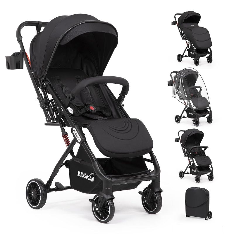 Photo 1 of Baby Stroller, Lightweight Stroller w/Snack Tray, Footmuff, Raincover, Cup Holder & Travelbag, Travel Stroller w/All-Scene Suspension System, Infant Stroller Large Basket 7-18 Months (Black)
