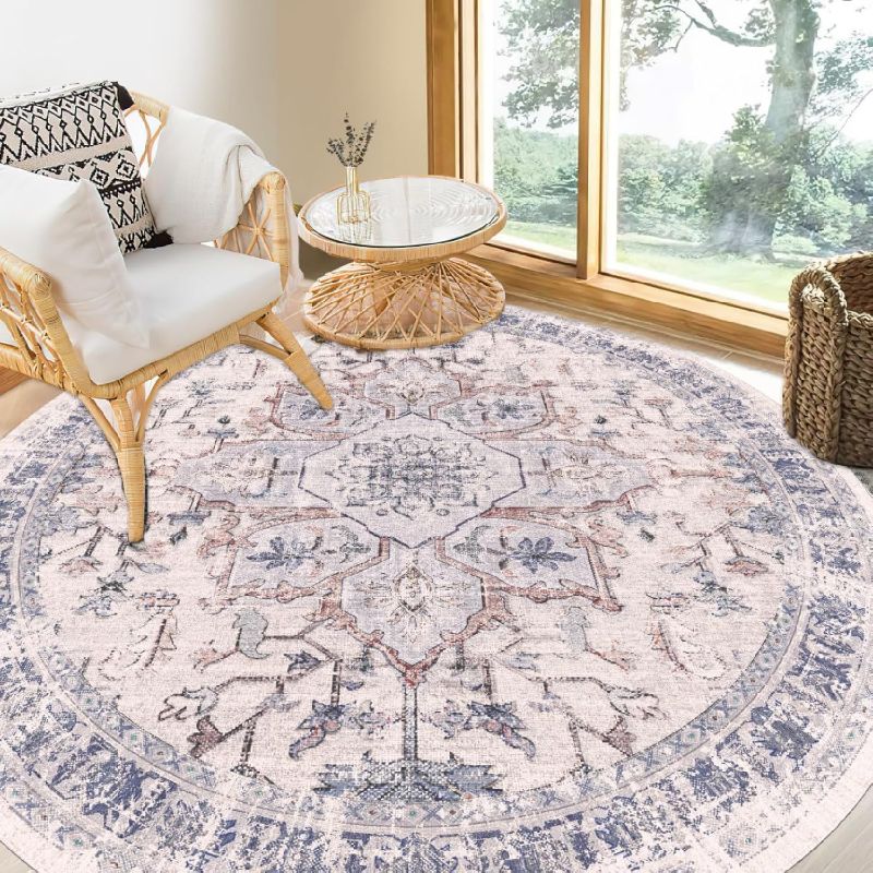 Photo 1 of 
BESTSWEETIE 6ft Round Rugs Washable Round Rug Non-Slip No Pile Round Rugs 6ft Boho Round Rugs for Living Room 6ft Vintage Round Rug Carpet for Bedroom Kitchen, Beige Blue
