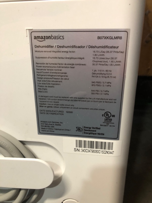 Photo 3 of ***USED - POWERS ON - UNABLE TO TEST FURTHER***
Amazon Basics Dehumidifier, 35-Pint, Energy Star Certified, for Basement, Bathroom and Other Rooms Up to 2500 SFT, With timer, auto-defrost, overflow protection, White