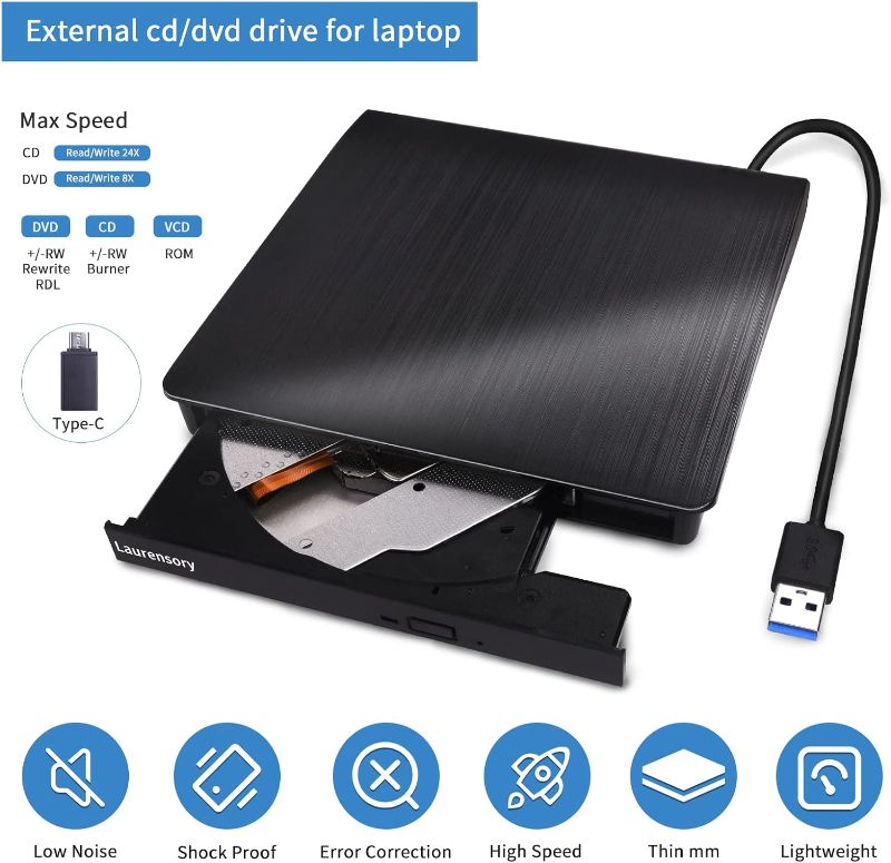 Photo 1 of (READ FULL POST) External DVD Drive USB 3.0 Type-C USB Portable Player for Laptop CD DVD +/-RW Disk Drive CD ROM Burner Writer CD/DVD Burner Reader Compatible with Desktop Windows Linux OS Apple MacBook