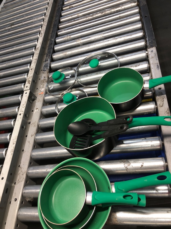 Photo 2 of **DAMAGED**
Pots and Pans Set, Aluminum Nonstick Cookware Set, Fry Pans, Casserole with Lid, Sauce Pan, and Utensils, 11 Piece Cooking Set (Green)