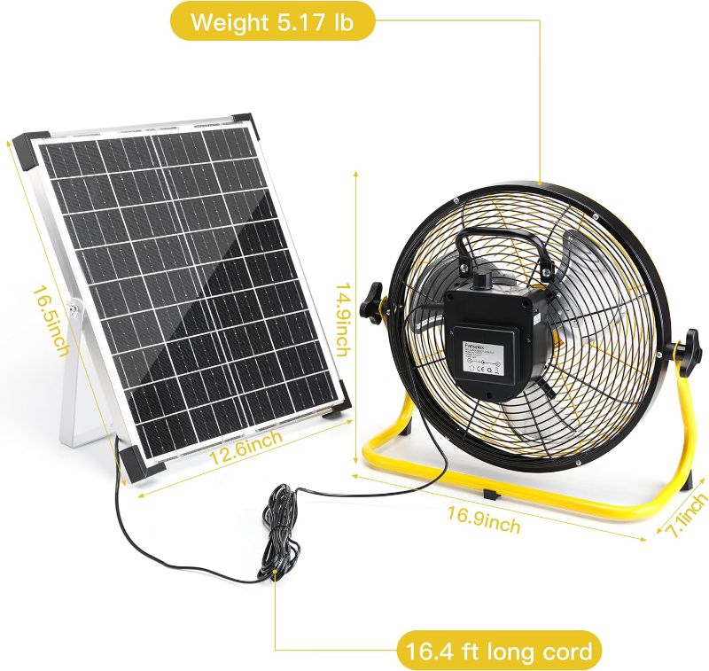 Photo 1 of **MINOR DAMAGE READ NOTES**
14" Portable Solar Rechargeable Floor Fan, 15600 mAh 20W Solar Panel Powered Battery, 40dB Quiet Operation (5.3m/s Airflow)