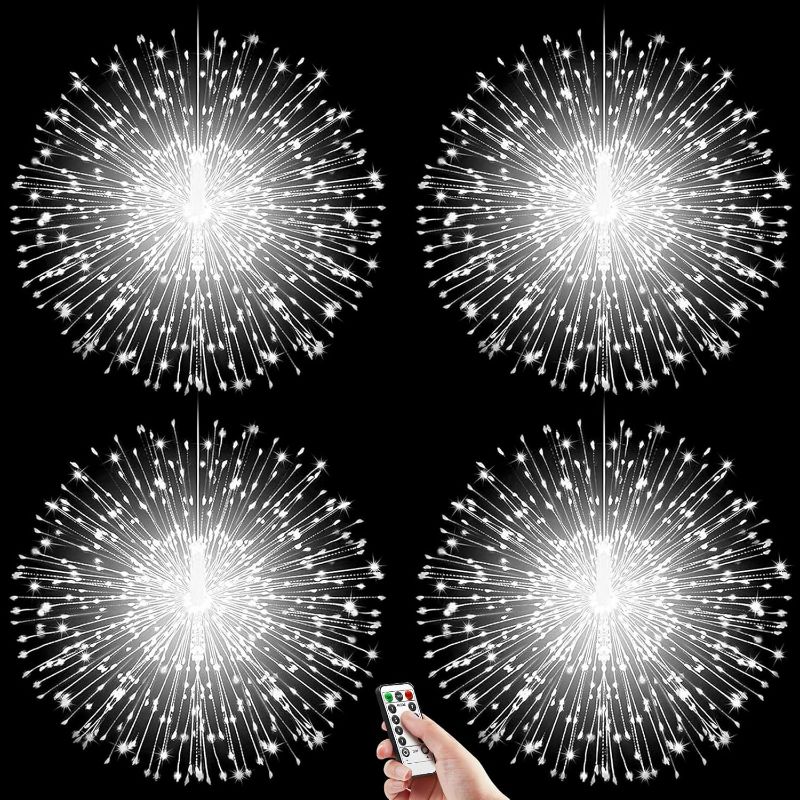 Photo 1 of (READ FULL POST) Fabbay 4 Pcs Firework Lights Starburst String Lights with Remote LED Lights Copper Wire 8 Modes Battery Operated Hanging Decoration for Christmas Halloween Wedding Garden Decor (Cold White)
