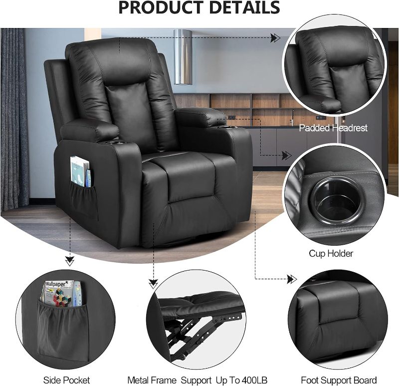 Photo 5 of (READ FULL POST) COMHOMA Leather Recliner Chair Rocker with Heated Massage Ergonomic Lounge 360 Degree Swivel Single Sofa Seat Drink Holders Living Room Chair Black