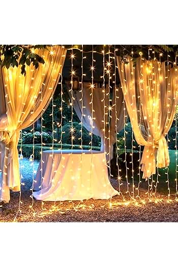 Photo 1 of   300 LED Curtain String Lights Plug in, 9.8X9.8FT Curtain Lights Outdoor Indoor with Remote Control, Hanging Curtain Lights for Bedroom Window Wedding Wall Party Decorations (Warm White)
