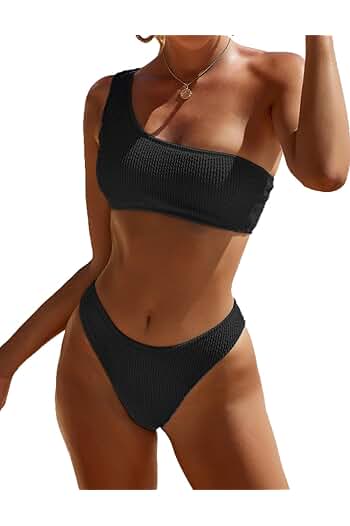 Photo 1 of (XS)Bikini Sets for Women Cheeky High Cut Thong Swimsuits Two Piece Split One Shoulder Bathing Suit Swimwear Beachwear
