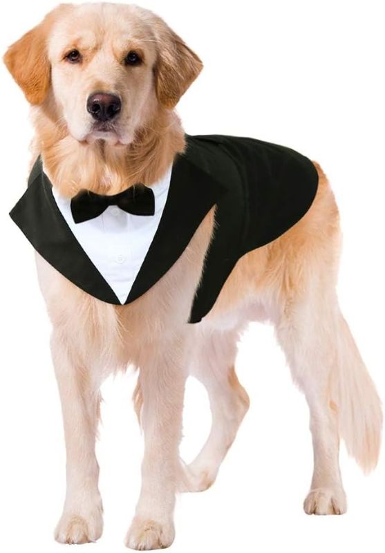 Photo 1 of (MED) Kuoser Dog Tuxedo Dog Suit and Bandana Set, Dogs Tuxedo Wedding Party Suit, Dog Prince Wedding Bow Tie Shirt Formal Dog Wedding Attire for Large and Medium Dogs Golden Retriever Samo Bulldogs
