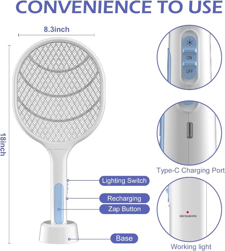 Photo 1 of   Bug Zapper 1 Pack, VANELC Electric Fly Swatter Racket Fly Zapper, 3000 Volt USB Rechargeable Fly Trap Mosquito Zapper Pest Insects Control for Home, Kitchen, Office, Outdoor
