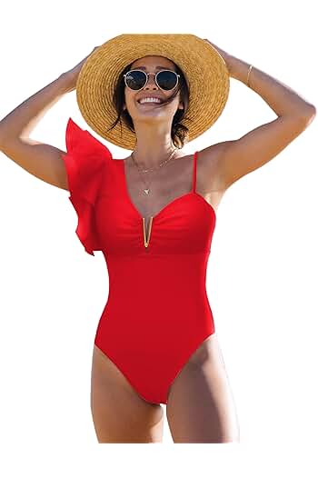 Photo 1 of (MED) SPORLIKE Women One Piece Swimsuit Ruffle One Shoulder Bathing Suit Padded Monokini
 RED