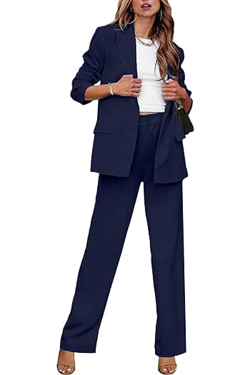 Photo 1 of (XL) Navy Blue Women's Business Casual 2 Piece Blazer Jacket Straight Leg High Waisted Pants Suits
