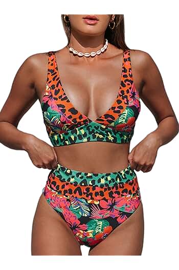 Photo 1 of (M) popvil Bikini Sets for Women Floral Print High Waisted Bathing Suits V Neck Two Piece Swimsuit
