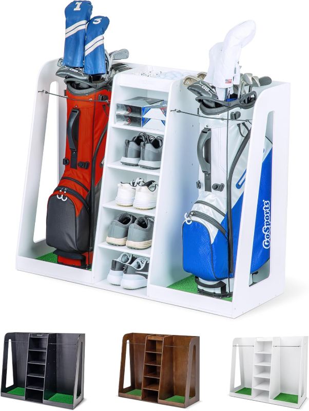 Photo 1 of 
GoSports Premium Wooden Golf Bag Organizer and Storage Rack - Holds 2 Golf Bags - Black, White or Brown Finish