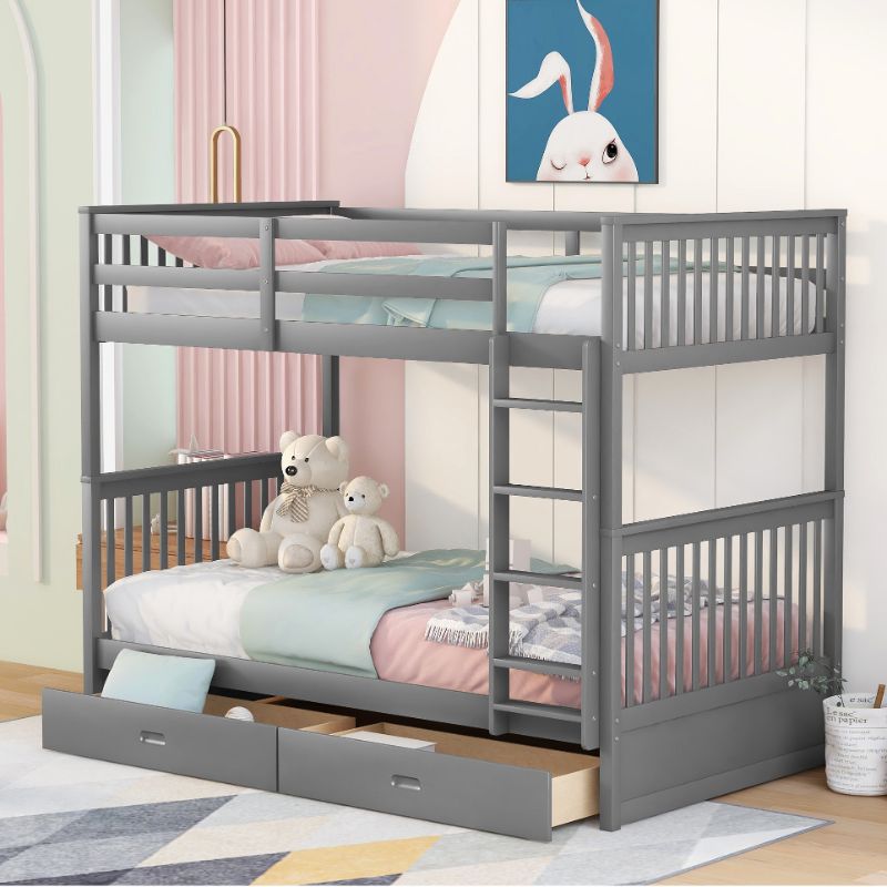 Photo 1 of **BOX 1 OF 2** Bellemave Bunk Beds with Storage Drawers, Solid Wood Twin Over Twin Bunk Beds Frame with Ladders for Kids Teens Adults (Gray)