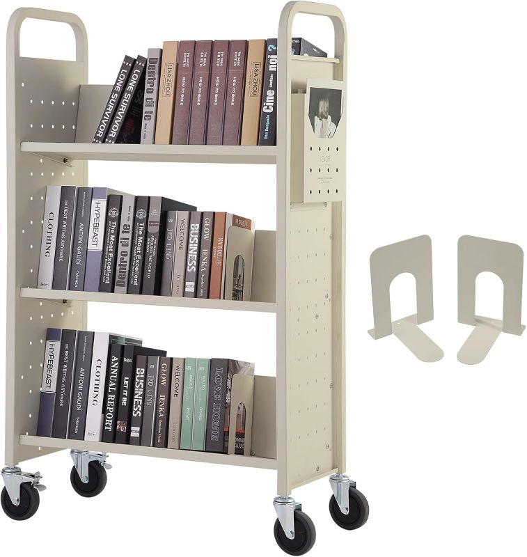 Photo 1 of ***USED - LIKELY MISSING PARTS - UNABLE TO VERIFY FUNCTIONALITY***
VEVOR Book Cart, 330 lbs Library Cart, 31.1" x 15.2" x 49.2" Rolling Book Cart, Single Sided V-Shaped Sloped Shelves with 4-Inch Lockable Wheels for Home Shelves Office and School, Book Tr