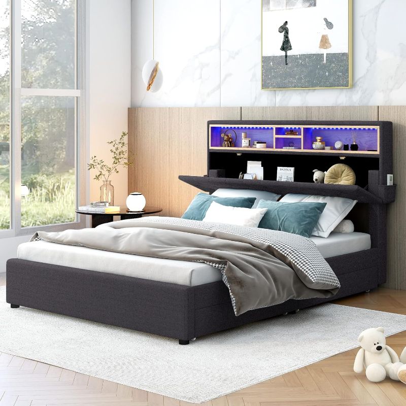 Photo 1 of **PARTS ONLY INCOMPLETE ITEM**
CITYLIGHT Upholstered Full Size Platform Bed with Storage Headboard and USB Port, Wood Full LED Bed Frame with 2 Drawers for Kids Teens Girls Boys (Full,Dark Grey)