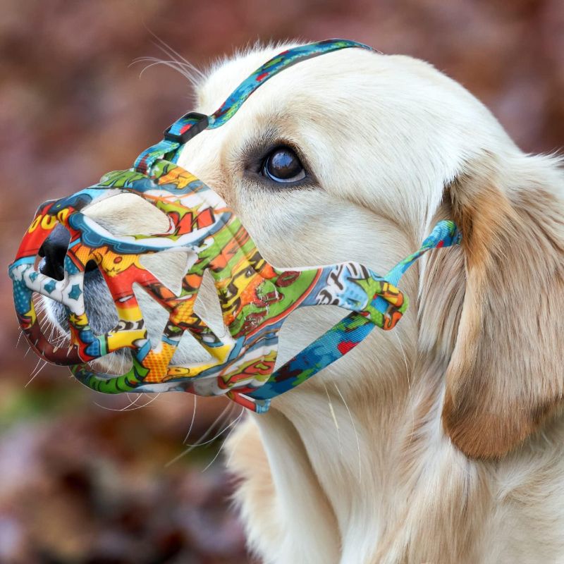 Photo 1 of **MINOR DAAMGE PREV USED**
Dog Muzzle, Printed Basket Muzzle for Small Medium Large Dogs Dachshund, Beagle, German Shepherd, Breathable Pet Muzzles to Prevent Biting Chewing Scavenging, Allows Panting and Drinking