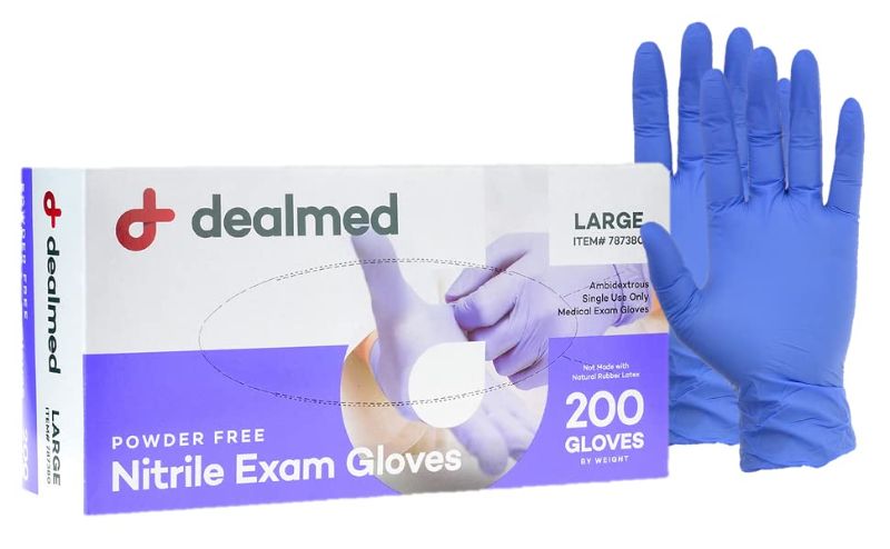 Photo 1 of **BUNDLE OF 2**
Dealmed Medical Exam Nitrile Gloves– 200 Count, Disposable Non-Irritating Latex Free Multi-Purpose Use for a First Aid Kit and Facilities, Large