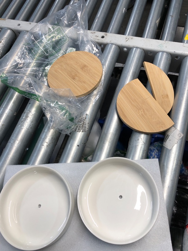 Photo 2 of **ONE WOOD PLATE BROKEN IN HALF**
ZOUTOG Succulent Pots, 6 inch White Ceramic Flower Planter Pot with Bamboo Tray, Pack of 2 - Plants Not Included 6.14*1.57 inches Classic