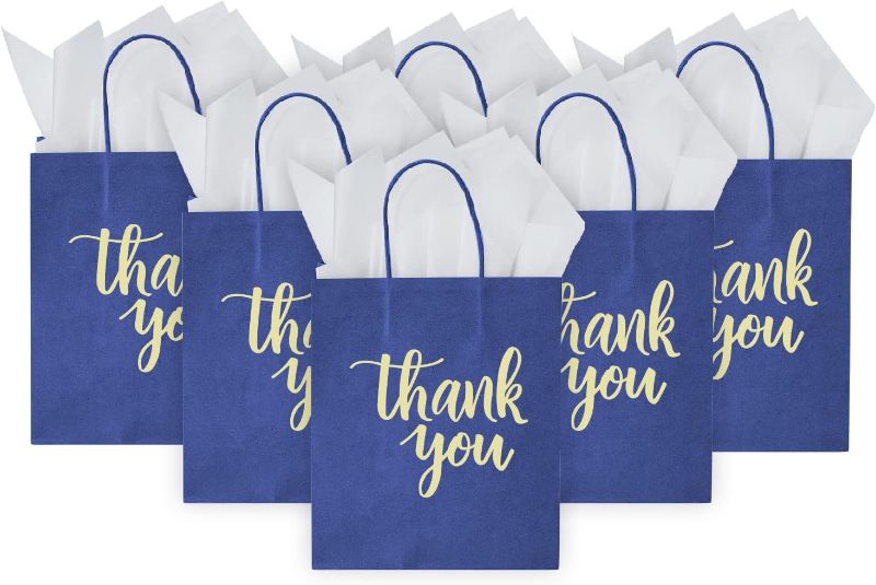 Photo 1 of 
DjinnGlory 50 Pack Medium Navy Thank You Gift Bags with Handles 10x8x4 Inch, Blue Paper Bags and White Tissue Paper for Small Business