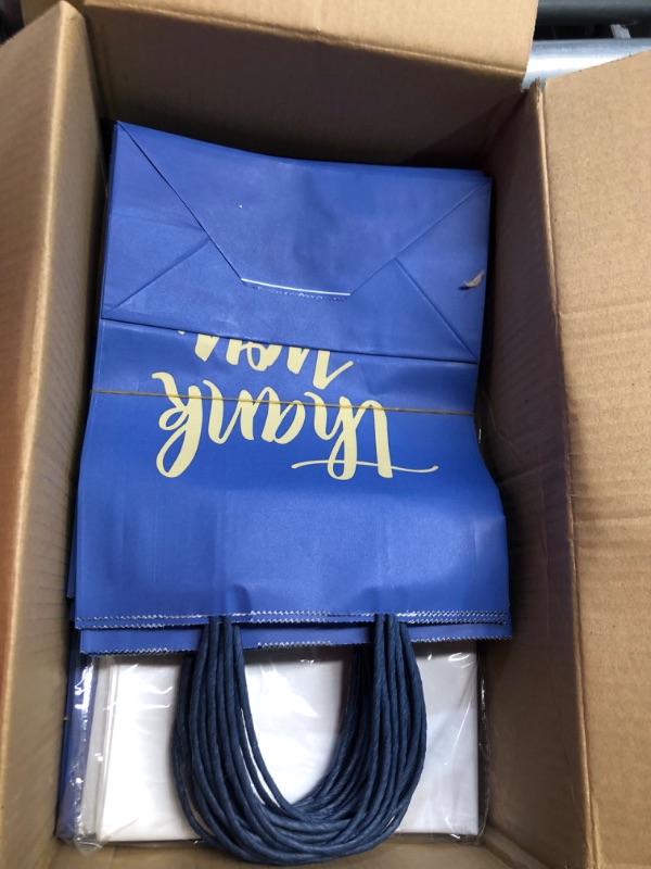 Photo 2 of 
DjinnGlory 50 Pack Medium Navy Thank You Gift Bags with Handles 10x8x4 Inch, Blue Paper Bags and White Tissue Paper for Small Business