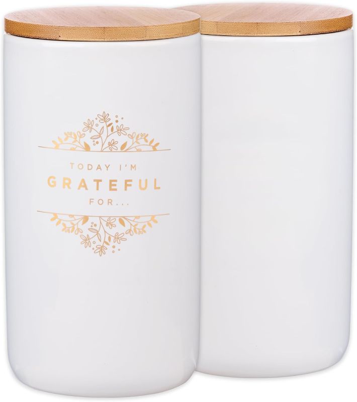 Photo 1 of 
Christian Art Gifts Keepsake Count Your Blessings Gratitude Jar Set w/Bible Verse Note Cards, Today I'm Grateful For, White Ceramic with Gold