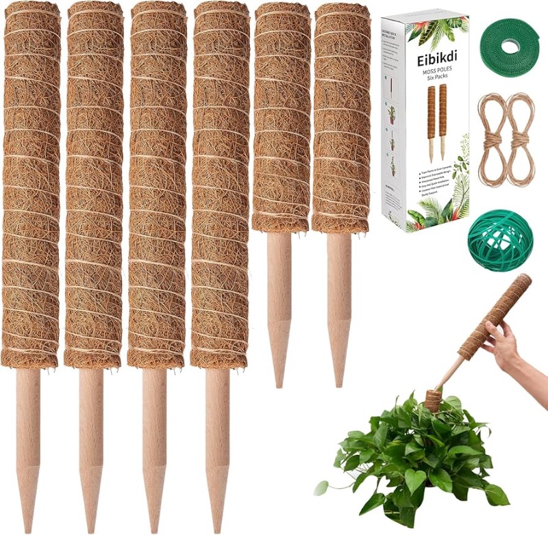 Photo 1 of (READ FULL POST) 6 Pcs Moss Pole Extending to 68 Inches for Plants Monstera, Plant Support Stakes for Indoor Climbing Plants Grow Upwards, with 65ft Twist Ties, 13ft Jute Rope, 6.5ft Hook-and-Loop Strip