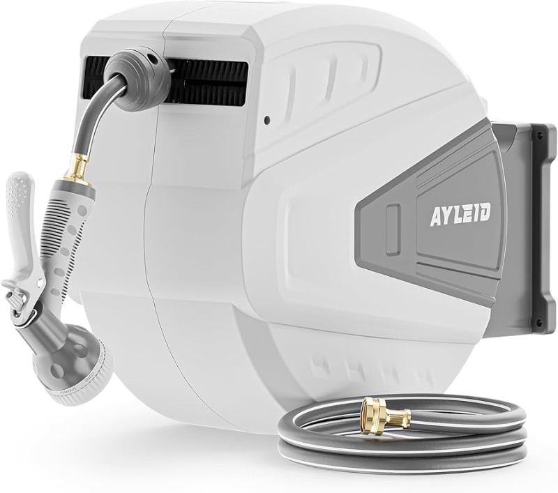 Photo 1 of *****STOCK PHOTO FOR REFERENCE ONLY***Ayleid Retractable Garden Hose Reel,1/2 in x 130 ft Wall Mounted Hose Reel, with 9- Function Sprayer Nozzle, Any Length Lock/Slow Return System/Wall Mounted/180°Swivel Bracket (Grey)