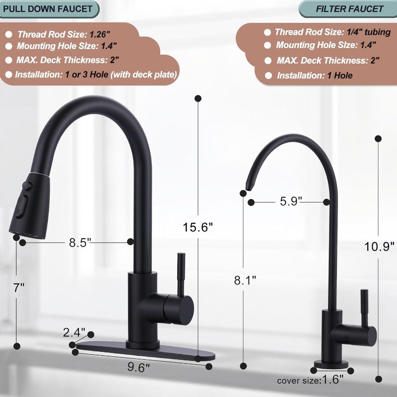 Photo 4 of (READ FULL POST) Black Kitchen Faucet and Water Filter Faucet Combo, WOWOW Stainless Steel Kitchen Sink Faucet with Drinking Water Faucet for Reverse Osmosis or Water Filtration System, Matte Black