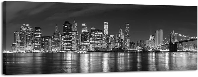 Photo 1 of **** STOCK PHOTO FOR REFERNECE ONLY*****Wieco Art New York Manhattan Night View in Black and White Giclee Canvas Prints Modern Stretched and Framed Art work Cityscape Pictures Paintings on Canvas Wall Art for Bedroom Home Decorations