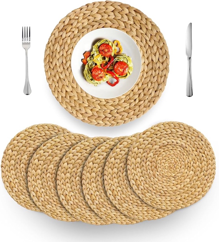 Photo 1 of (4 Sizes: 12"-13"-14"-15") BARIEN Woven Placemats Round Set of 6, Natural Water Hyacinth Weave Placemat for Dining Table, Large Handmade Woven Placemats Heat Resistant Non-Slip (15" - Set of 6)