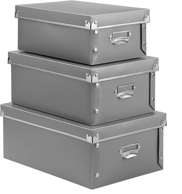 Photo 1 of (READ FULL POST) Storage Box, Decorative Storage Bins with Lid,3 in 1 Set,Plastic,with Handles,Press-Stud Fastening,Moisture-Proof,Foldable for Space Saving Storage,for Clothes, Cosmetic,Blankets (Grey)