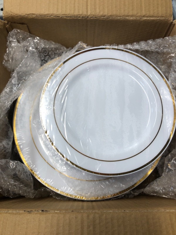 Photo 2 of (READ FULL POST) Munfix 100 Piece Plastic Party Plates White Gold Rim, 50 Premium Heavy Duty 10.25 Inch Dinner Plates and 50 Disposable 7.5 Inch Dessert Appetizer Elegant Fancy Heavy Duty Wedding Plates