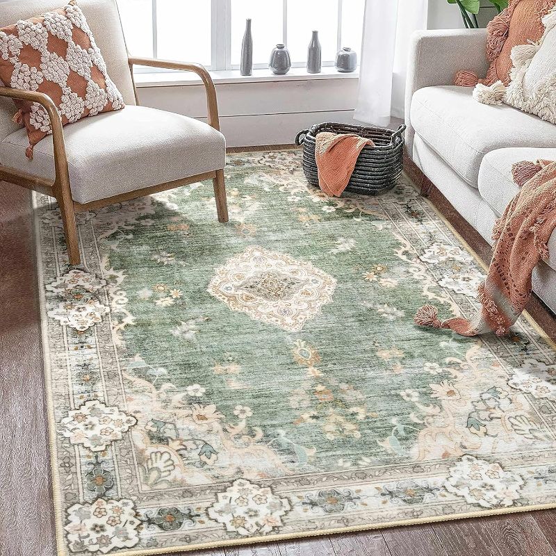 Photo 1 of (READ FULL POST) MUJOO Boho Rug 4'x6.5' Area Rugs for Bedroom Living Room Dining Room Green Small Rugs Machine Washable Non Slip Carpet for Office Dorm Bedside Kitchen Laundry Room Accent Soft Floral
