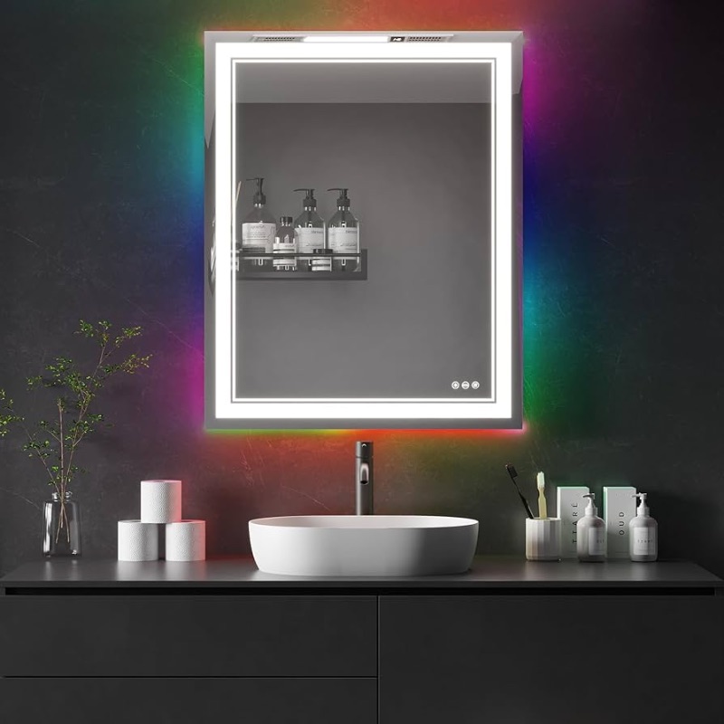 Photo 1 of ****STOCK PHOTO FOR REFERENCE ONLY****32"x40" RGB LED Bathroom Mirror, Front and Backlit Smart Mirror, LED Mirror for Bathroom with 3 Colors, Vanity Mirror with Lights, Anti-Fog Wall Mounted, Dimmable Touch Switch Control, Memory