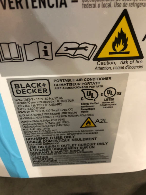 Photo 9 of ***USED - MISSING REMOTE - POWERS ON - UNABLE TO TEST FURTHER***
BLACK+DECKER 8,000 BTU Portable Air Conditioner up to 350 Sq.Ft.with Remote Control, White