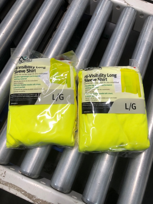 Photo 2 of **BUNDLE OF 2** Safety Works High Visibility Economy Long Sleeve Shirt with Pocket, Performance Wicking Material, Breathable, Yellow, Large, (SW46406-L)