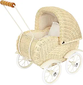 Photo 1 of Baby Doll Stroller by Small Foot – Vintage Wicker Rolling Carriage Pram – Classic Doll Buggy – Pretend Play Toy Develops Kids Nurturing, Imaginative & Creative Play – Ages 3+ Years