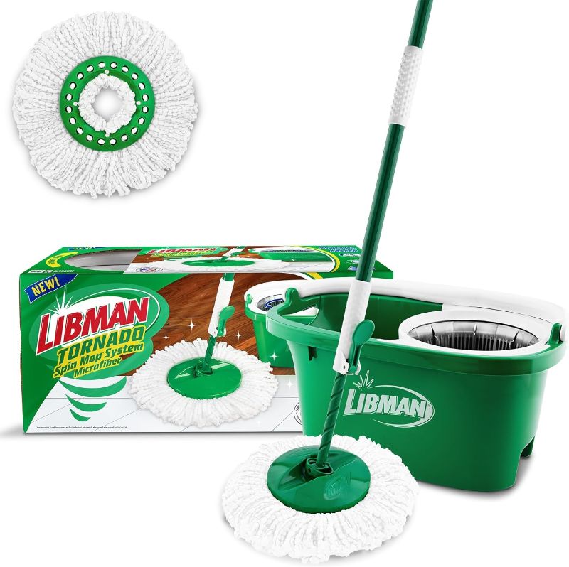 Photo 1 of Libman Tornado Spin Mop System - Mop and Bucket with Wringer Set for Floor Cleaning - 2 Total Mop Heads Included, Green
