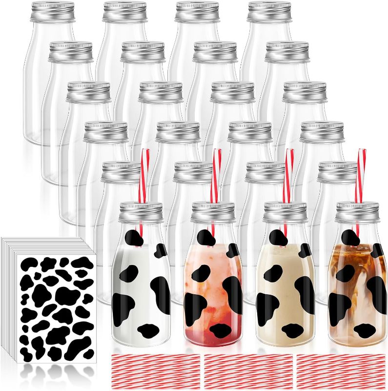 Photo 1 of SiliFine 24 Set 7 oz Cow Themed Plastic Bottles with Silver Metal Lids Straws Cow Print Stickers Milk Bottle Reusable Milk Jar Beverage Containers for Baby Shower Birthday Cow Party Favors Supplies
