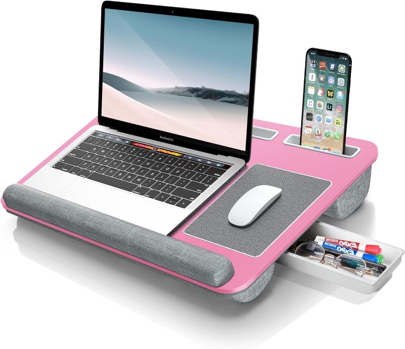 Photo 1 of Gimars Home Office Lap Desk Fits up to 17 Inches Laptop with Dual Cushion,Wrist Rest, Built-in Mouse Pad, Tablet Phone Holder and Storage Drawer, Pink
