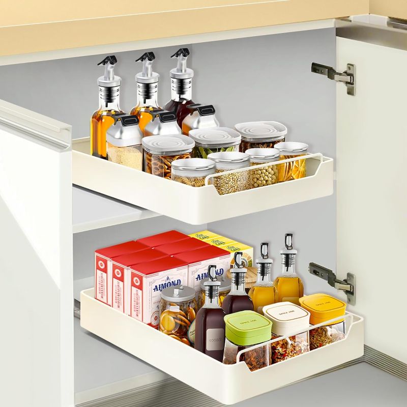 Photo 1 of Pull Out Cabinet Organizer: Adhesive Drawers for Cabinets - Carbon Steel Slide Out Drawers for Kitchen Cabinets - Sliding Drawer Cabinet Shelf for Pantry Bathroom (12.2" W x16.9 D x 2.75" H, 1Pack)
