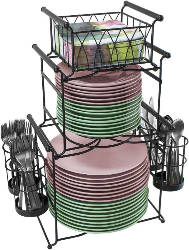 Photo 1 of Sorbus® Buffet Caddy — 7-Piece Stackable Set Includes Plate, Napkin, and Silverware Holder, 3-Tier Detachable Tabletop Organizer — Ideal for Kitchen, Dining, Entertaining, Parties,Thanksgiving (Black)
