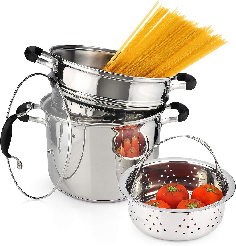 Photo 1 of AVACRAFT 18/10 Stainless Steel, 4 Piece Pasta Pot with Strainer Insert, Stock Pot with Steamer Basket and Pasta Pot Insert, Pasta Cooker Set with Glass Lid, 7 Quart
