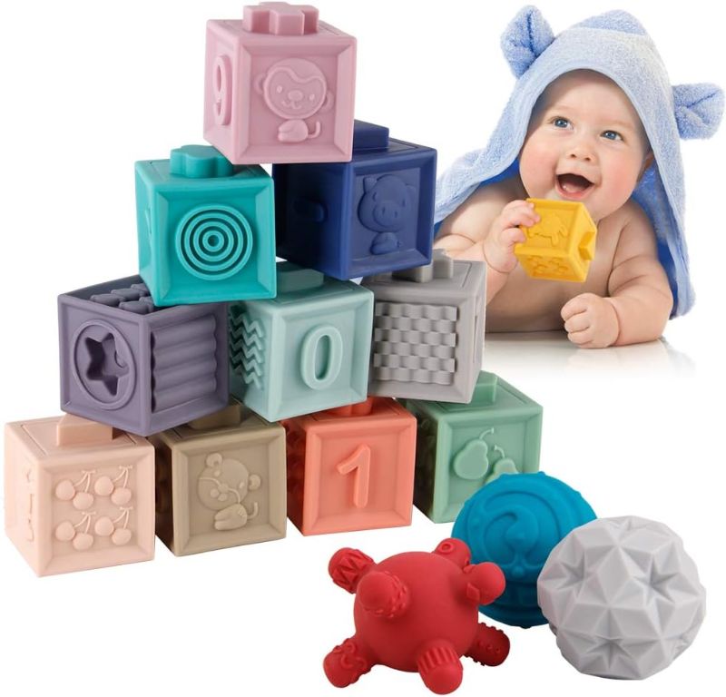 Photo 1 of BOBXIN 15 PCS Baby Blocks Toys Soft Stacking Blocks Baby Sensory Ball Teether Infant Bath Toys Squeeze Play with Numbers Shapes Animals Fruit and Textures Toy for Babies Toddlers 6 Months
