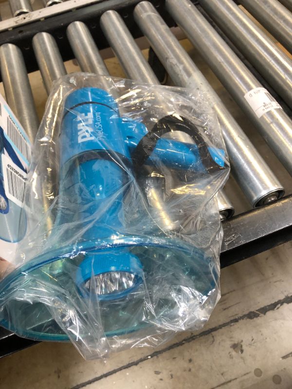 Photo 2 of Pyle (Blue) 40W Compact, Portable Waterproof Megaphone Bullhorn with Flashlight - Rechargeable PA Speaker, Adjustable Volume, Loud Alarm Siren, Handheld Lightweight Design for Outdoor Activities