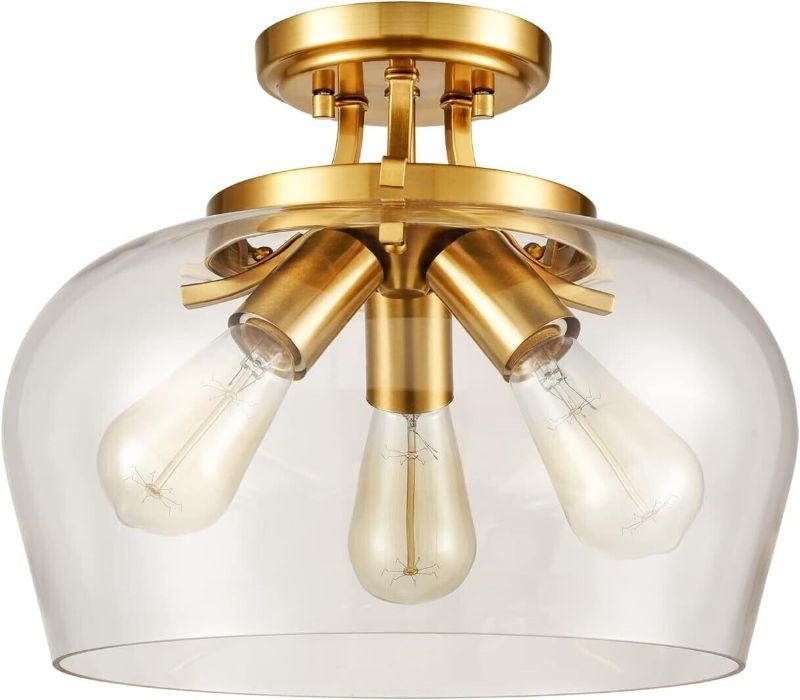 Photo 1 of 3-Light Gold Semi Flush Mount Ceiling Light with Clear Glass Shade Ceiling Light
