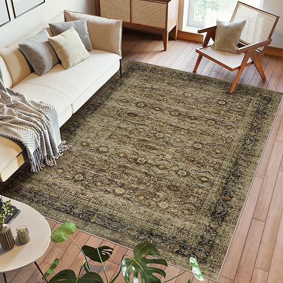Photo 1 of 8x10 Area Rugs for Living Room Bedroom: Soft Washable Rug with Non-Slip Backing Non Shedding Stain Resistant Boho Vintage Large Carpet for Dining Room Home Decor Indoor Floor-Brown
