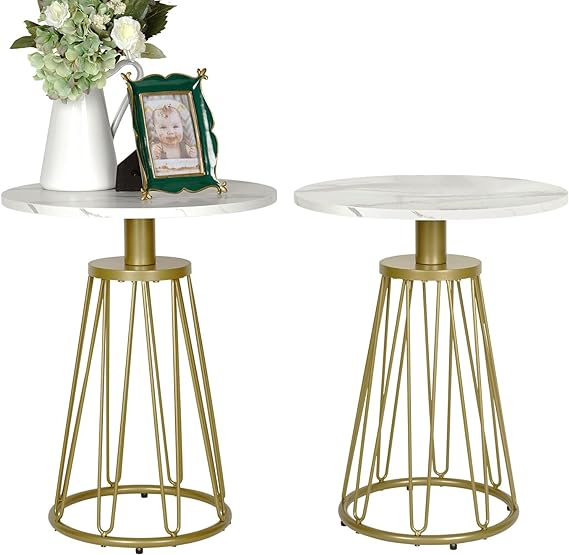 Photo 1 of Moncot Modern Round Side Table Set of 2 with Brass Gold Metal Frame, Nightstand/Small End Tables, MDF Table Top with White Marble Texture for Living Room, Bed Room and Patio ET228-WH-2PK
